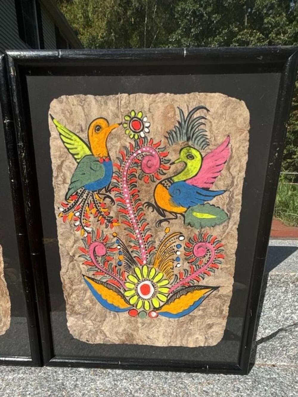 Vintage Mexican Folk Art Amate Bark Painting Framed Set